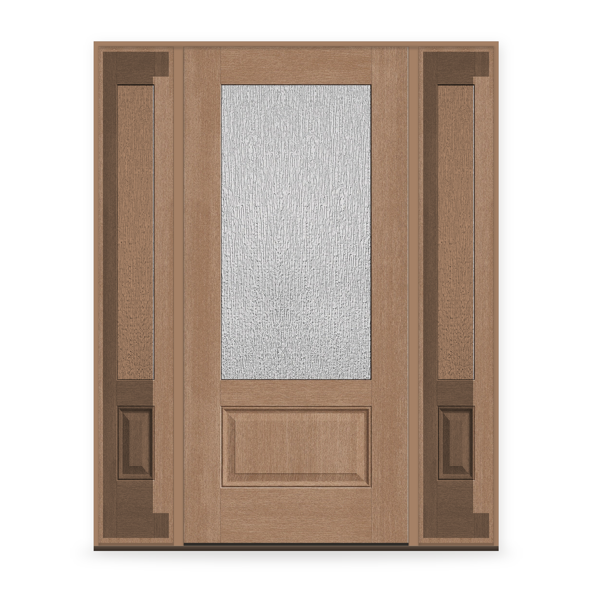 Rain Flush Glazed Fiberglass Entry Door System with Two Sidelites - 3/4 Lite, Tan Woodgrain