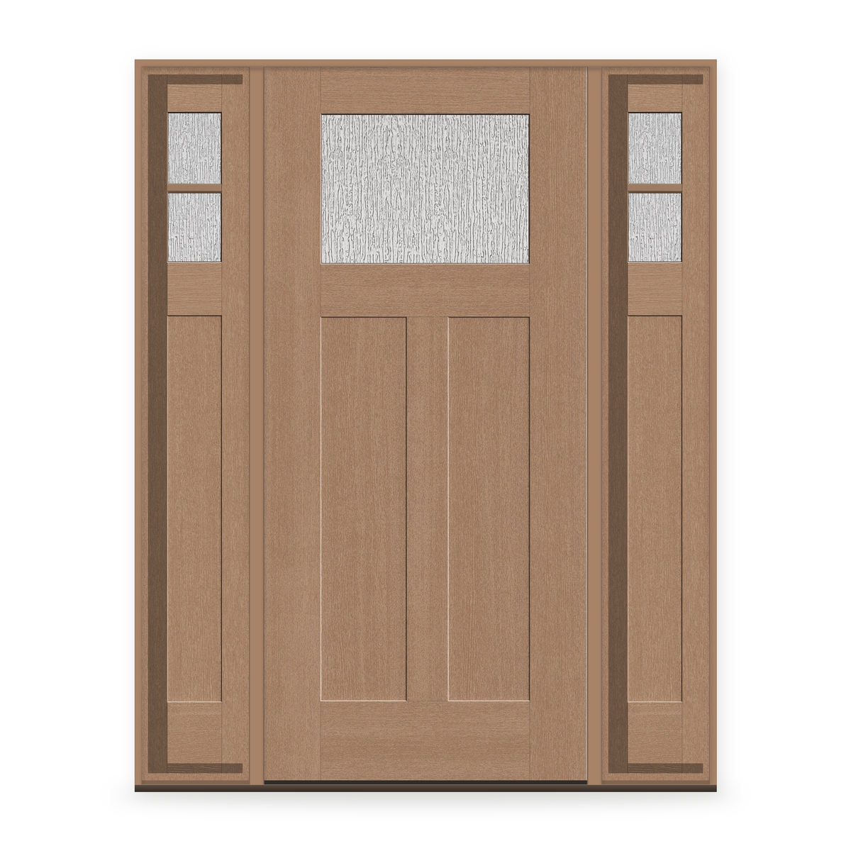 Rain Flush Glazed Fiberglass Entry Door System with Two Sidelites - Craftsman 2 Panel, Tan Woodgrain