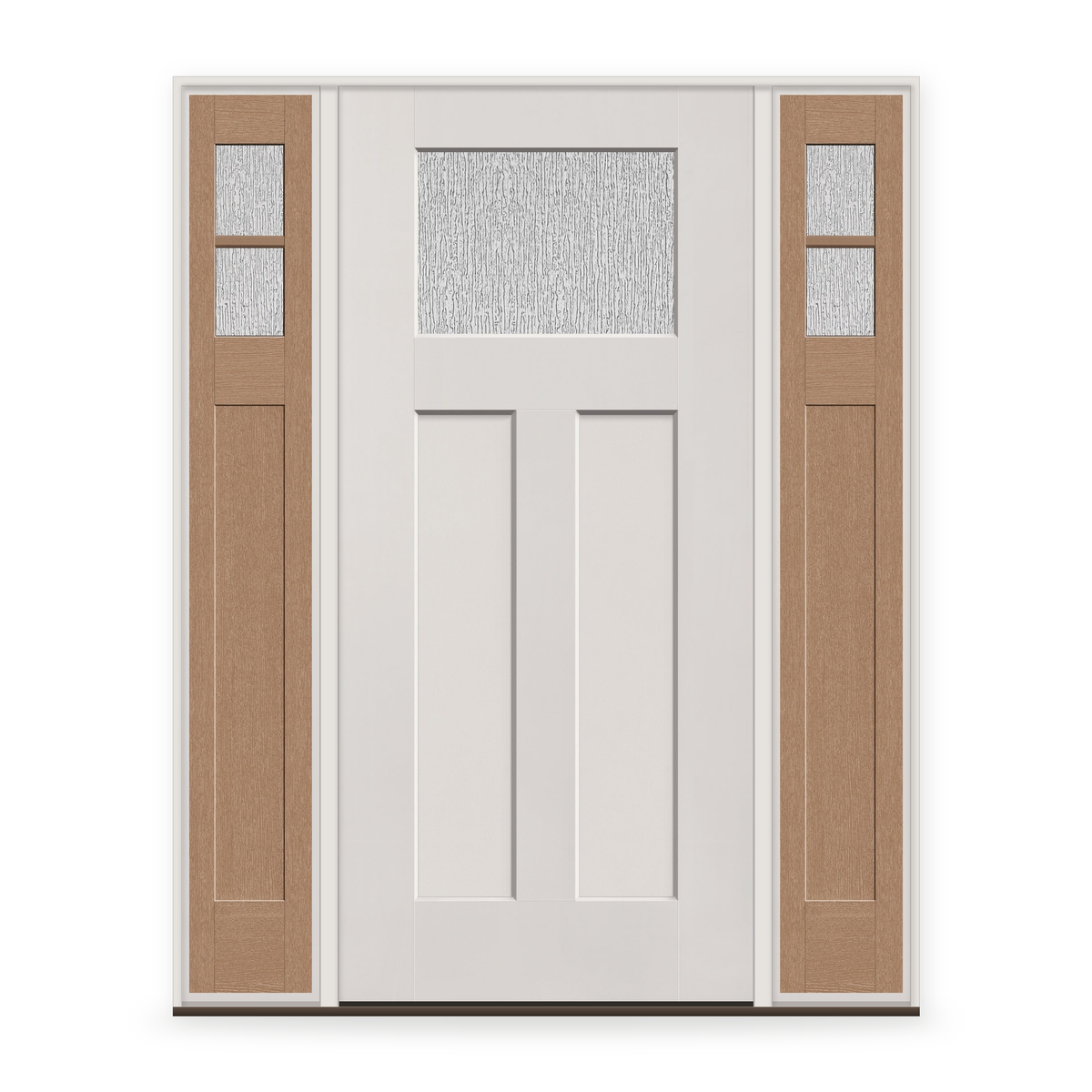 Rain Flush Glazed Fiberglass Entry Door System with Two Sidelites - Craftsman 2 Panel, White Satin Smooth