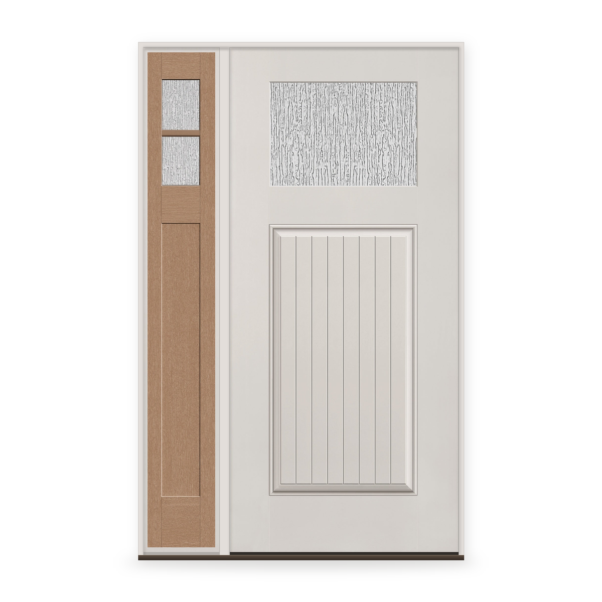Rain Flush Glazed Fiberglass Entry Door System with Sidelite - Craftsman Plank, White Satin Smooth