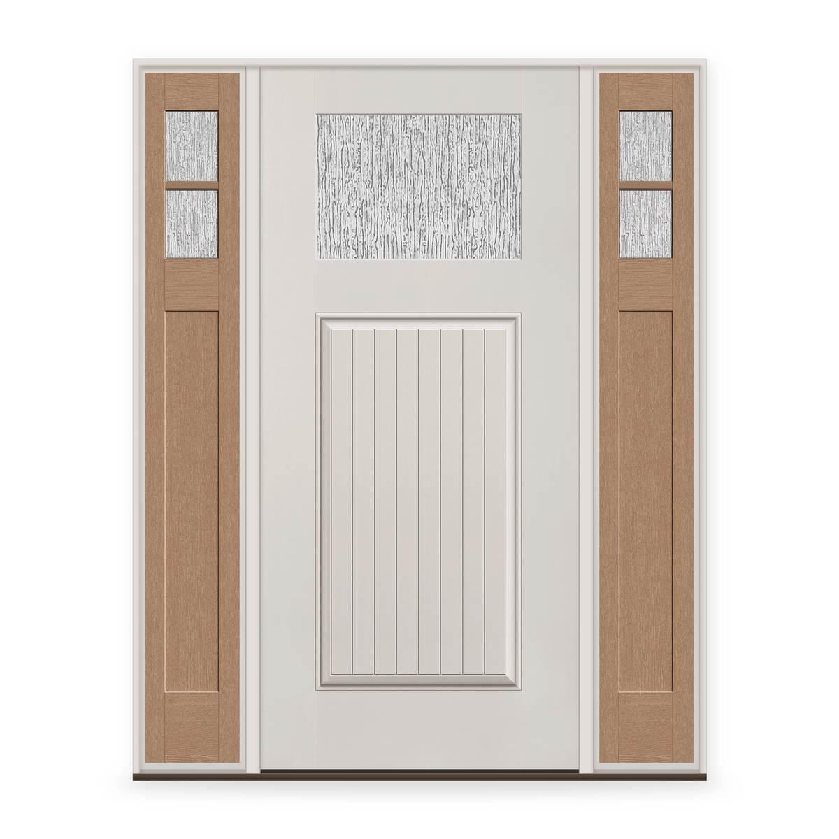 Rain Flush Glazed Fiberglass Entry Door System with Two Sidelites - Craftsman Plank, White Satin Smooth