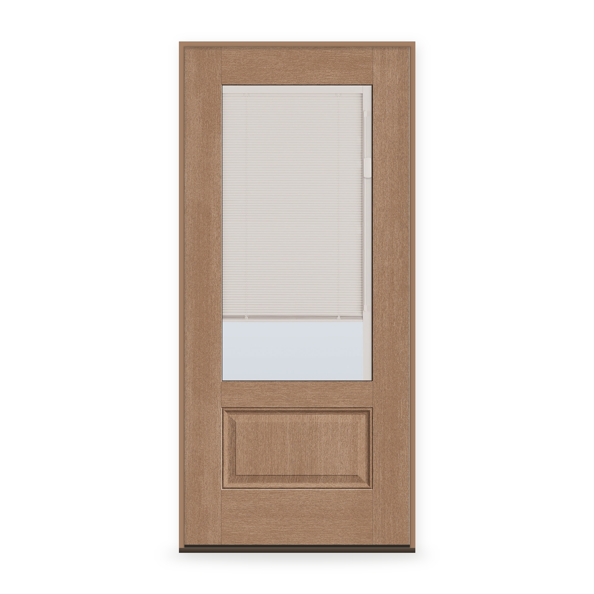 Prehung Raise & Lower Blinds Flush Glazed Fiberglass Entry Door System - 3/4 Lite, Tan Woodgrain, White Enclosed Blinds