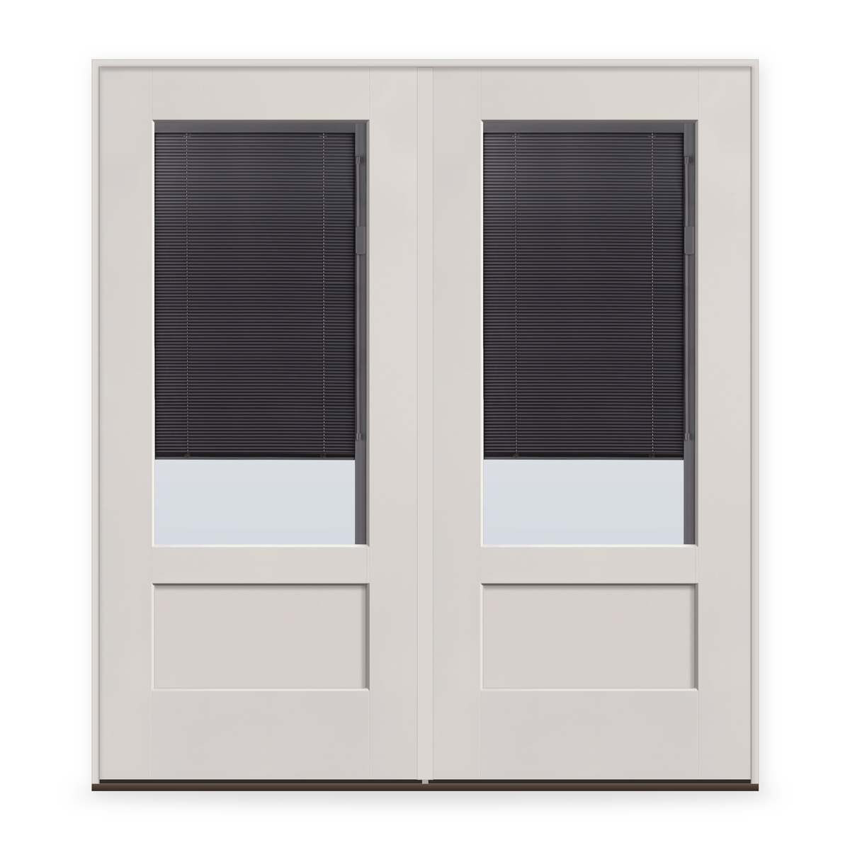 Double Raise & Lower Blinds Flush Glazed Fiberglass Entry Door System - 3/4 Lite Shaker, White Satin Smooth, Slate Enclosed Blinds
