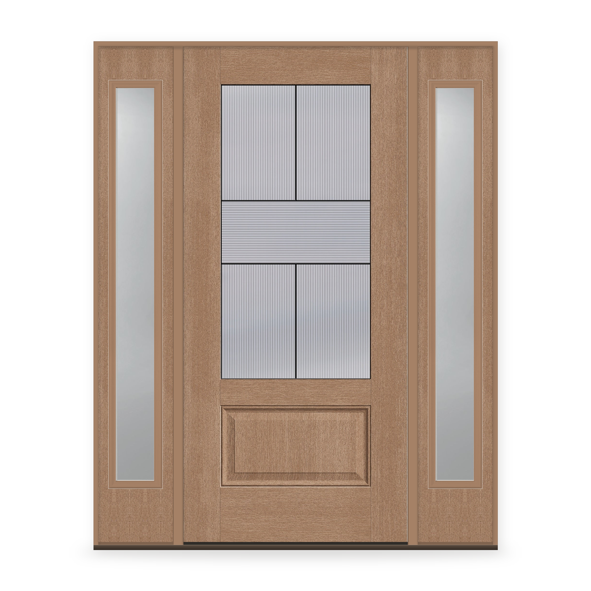 Rill Flush Glazed Fiberglass Entry Door System with Two Sidelites - 3/4 Lite, Tan Woodgrain