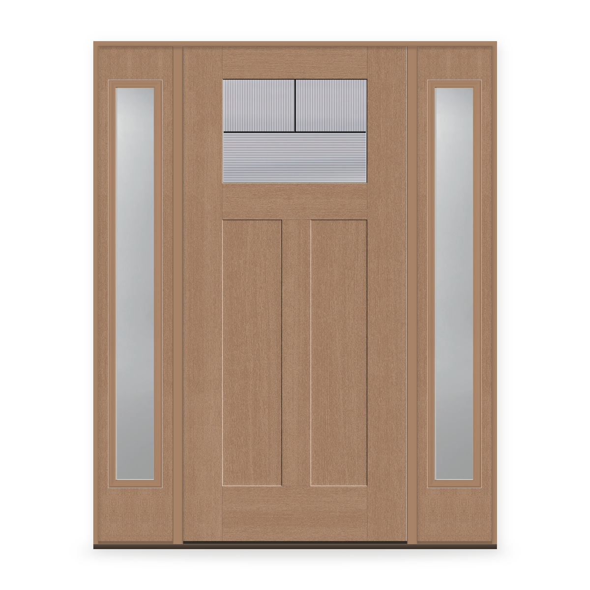 Rill Flush Glazed Fiberglass Entry Door System with Two Sidelites - Craftsman 2 Panel, Tan Woodgrain