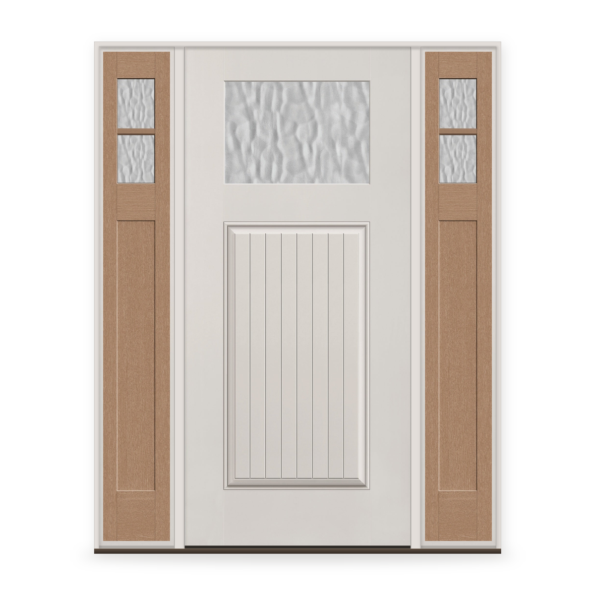 Vapor Flush Glazed Fiberglass Entry Door System with Two Sidelites - Craftsman Plank, White Satin Smooth