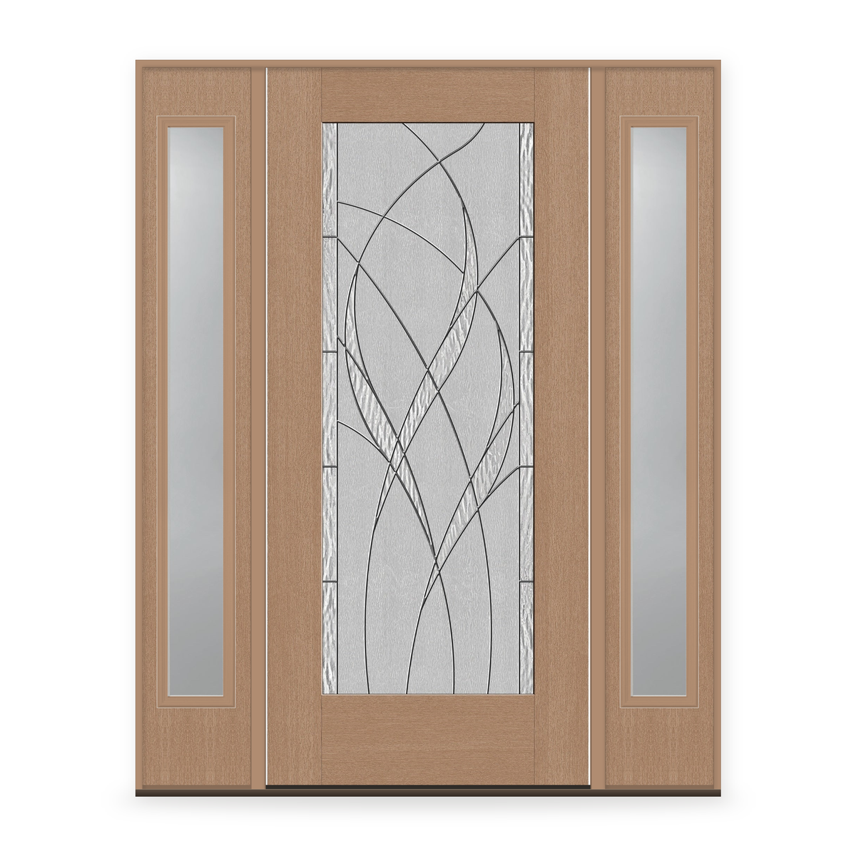 Waterside Flush Glazed Fiberglass Entry Door System with Two Sidelites - Full Lite, Tan Woodgrain