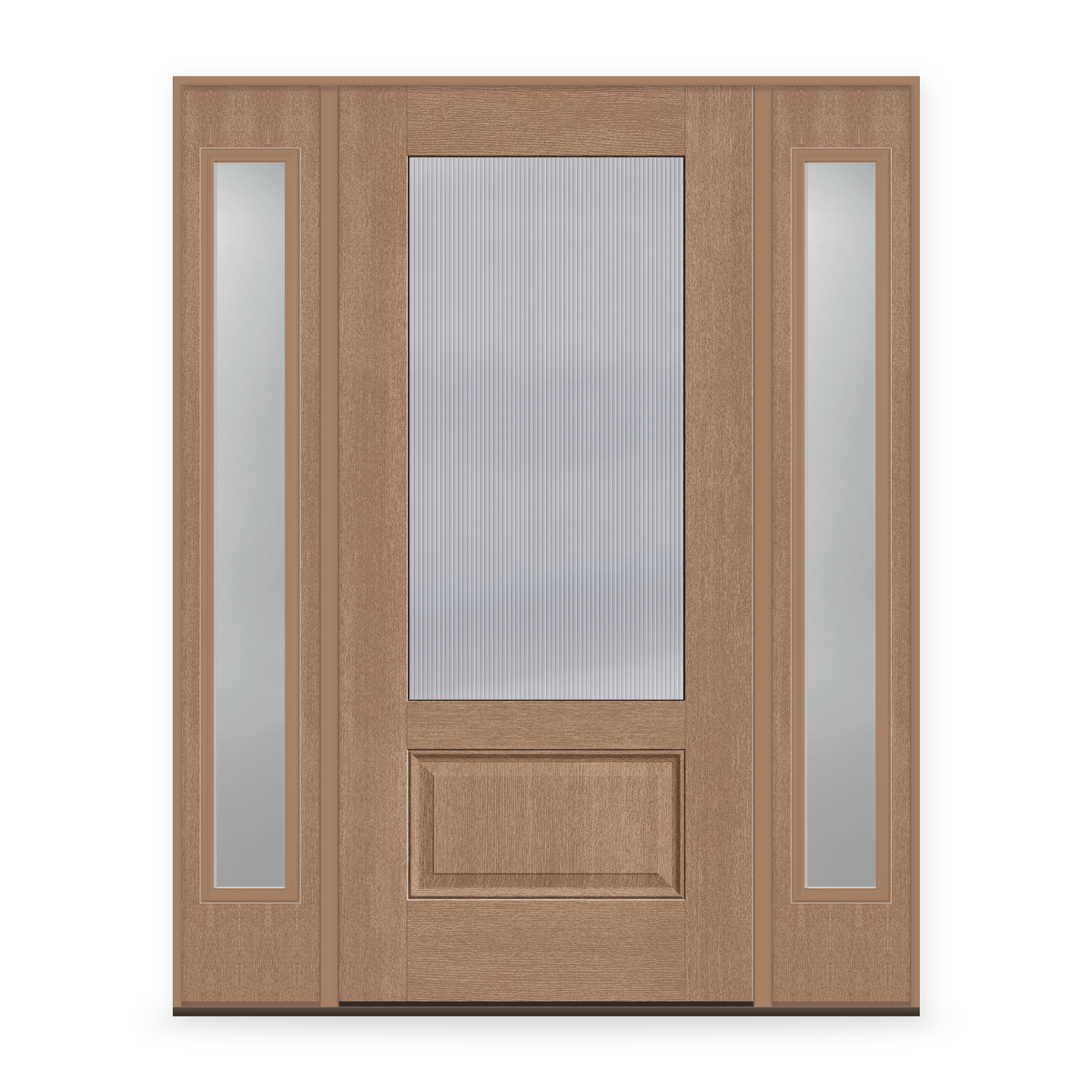 Wide Reed Flush Glazed Fiberglass Entry Door System with Two Sidelites - 3/4 Lite, Tan Woodgrain
