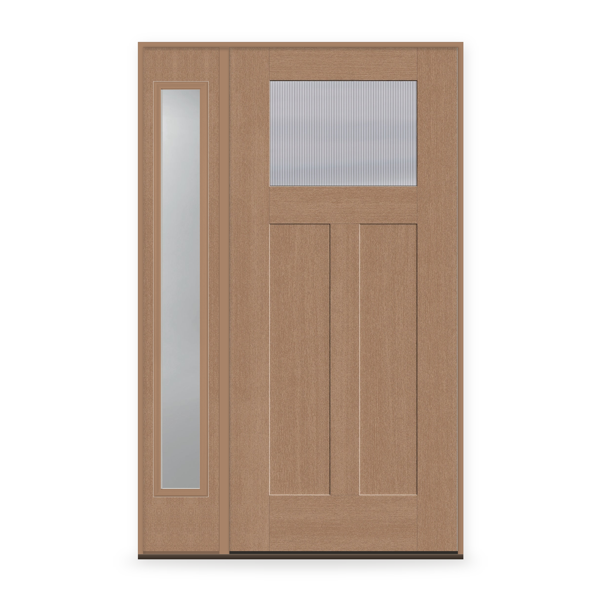 Wide Reed Flush Glazed Fiberglass Entry Door System with Sidelite - Craftsman 2 Panel, Tan Woodgrain