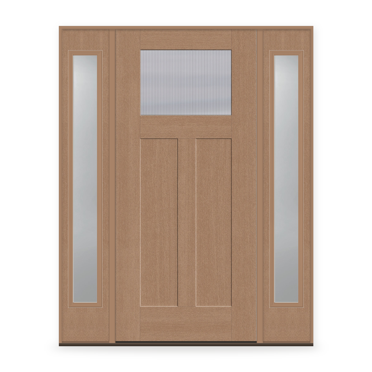 Wide Reed Flush Glazed Fiberglass Entry Door System with Two Sidelites - Craftsman 2 Panel, Tan Woodgrain
