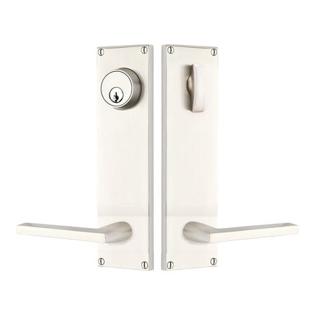 Modern Sideplate Entry Lockset by Emtek, Satin Nickel, Helios Lever (Left Handed Door), Single Cylinder