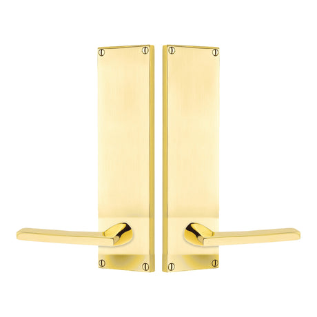 Modern Sideplate Entry Lockset by Emtek, Unlacquered Brass, Helios Lever (Left Handed Door), Dummy