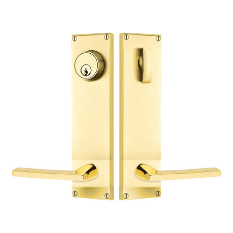 Modern Sideplate Entry Lockset by Emtek, Unlacquered Brass, Helios Lever (Left Handed Door), Single Cylinder