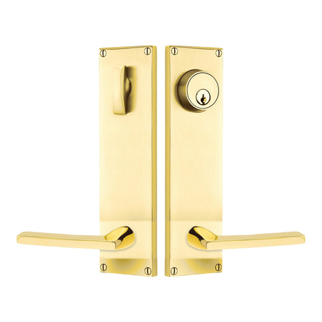 Modern Sideplate Entry Lockset by Emtek, Unlacquered Brass, Helios Lever (Right Handed Door), Single Cylinder