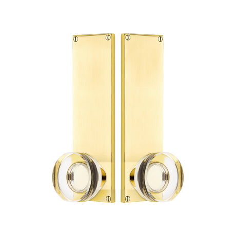 Modern Sideplate Entry Lockset by Emtek, Unlacquered Brass, Modern Disc Crystal Knob, Dummy