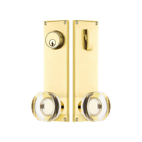 Modern Sideplate Entry Lockset by Emtek, Unlacquered Brass, Modern Disc Crystal Knob, Single Cylinder