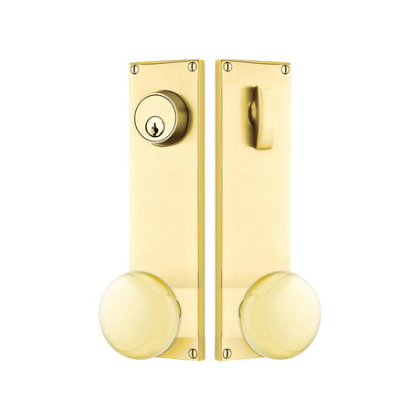 Modern Sideplate Entry Lockset by Emtek, Unlacquered Brass, Providence Knob, Single Cylinder