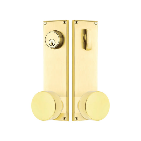 Modern Sideplate Entry Lockset by Emtek, Unlacquered Brass, Round Knob, Single Cylinder