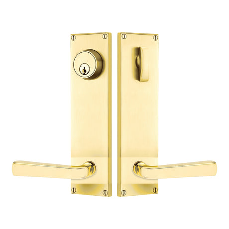 Modern Sideplate Entry Lockset by Emtek, Unlacquered Brass, Sion Lever (Left Handed Door), Single Cylinder
