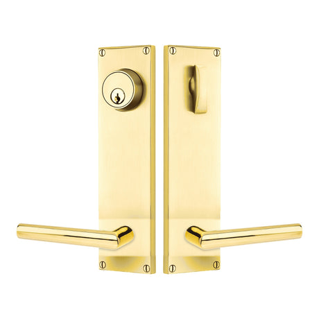 Modern Sideplate Entry Lockset by Emtek, Unlacquered Brass, Stuttgart Lever (Left Handed Door), Single Cylinder