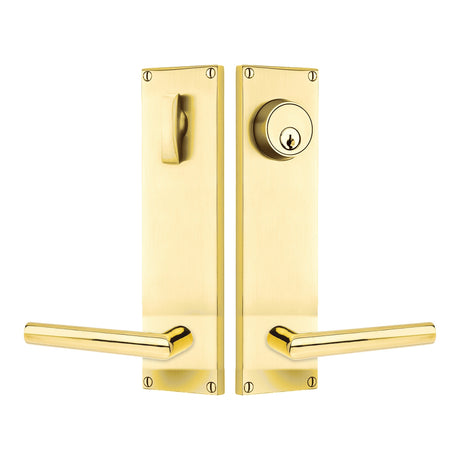 Modern Sideplate Entry Lockset by Emtek, Unlacquered Brass, Stuttgart Lever (Right Handed Door), Single Cylinder