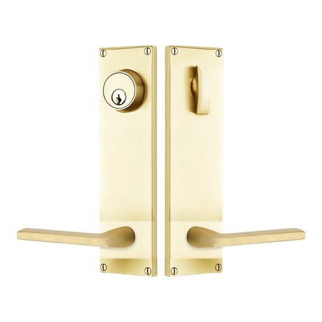 Modern Sideplate Entry Lockset by Emtek, Satin Brass, Helios Lever (Left Handed Door), Single Cylinder