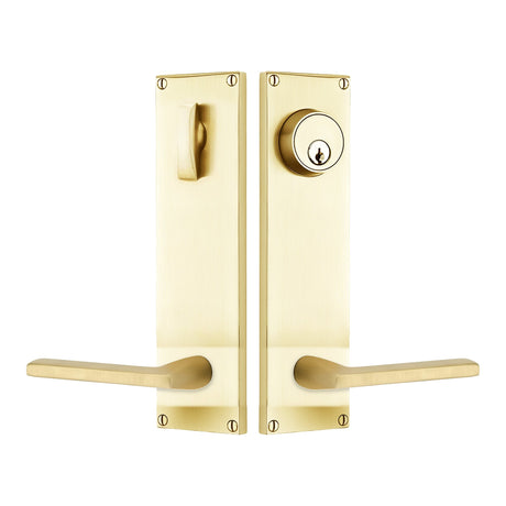 Modern Sideplate Entry Lockset by Emtek, Satin Brass, Helios Lever (Right Handed Door), Single Cylinder
