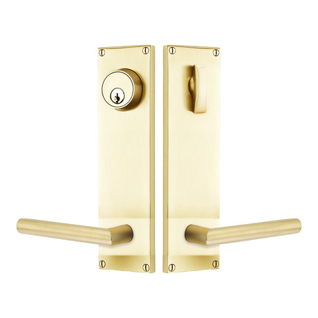 Modern Sideplate Entry Lockset by Emtek, Satin Brass, Stuttgart Lever (Left Handed Door), Single Cylinder