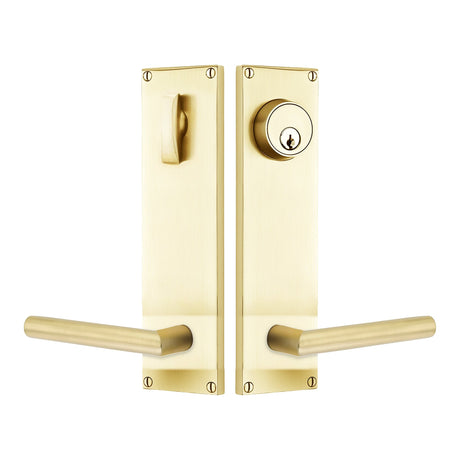 Modern Sideplate Entry Lockset by Emtek, Satin Brass, Stuttgart Lever (Right Handed Door), Single Cylinder