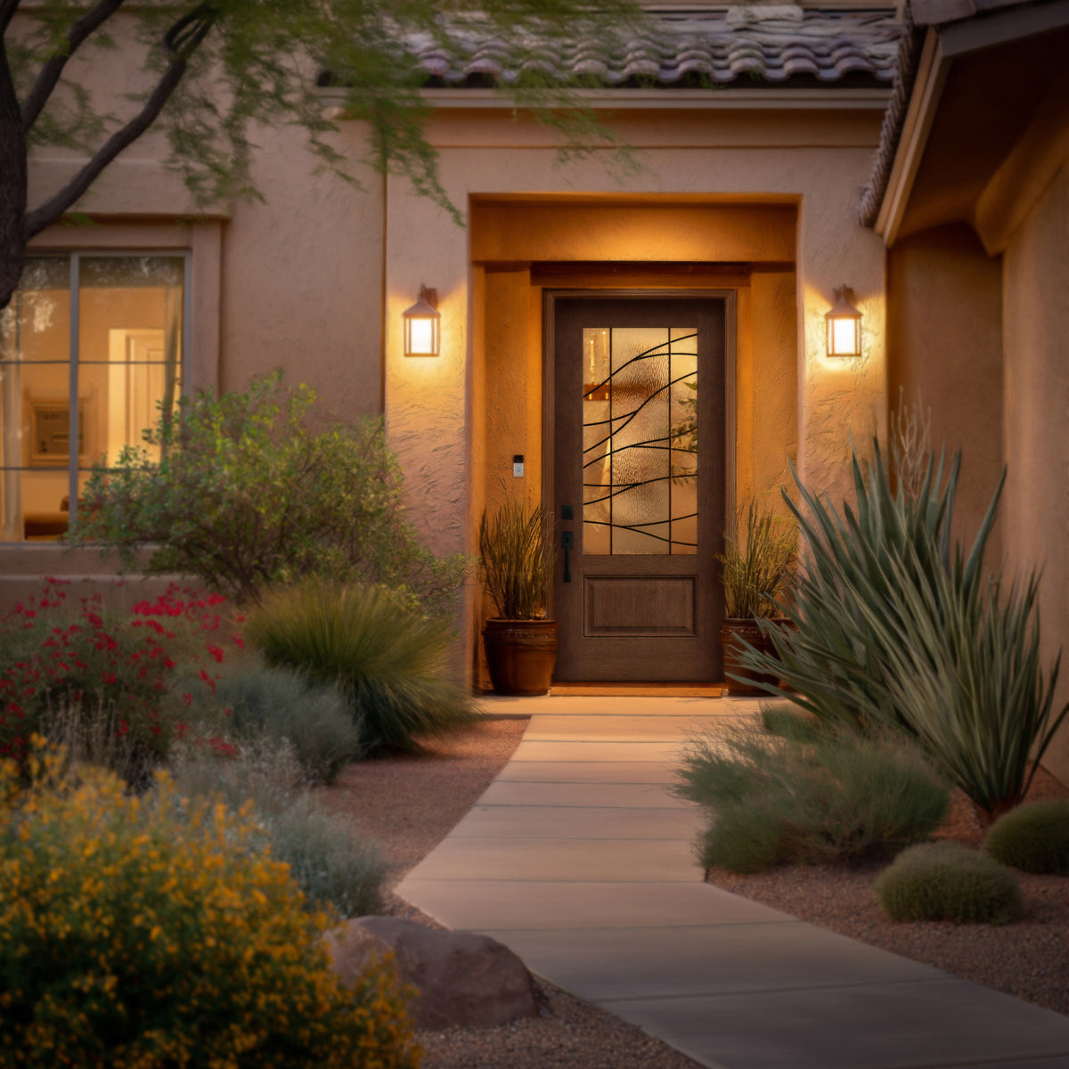 3/4 lite flush glazed fiberglass entry door with Briselle glass, shown installed