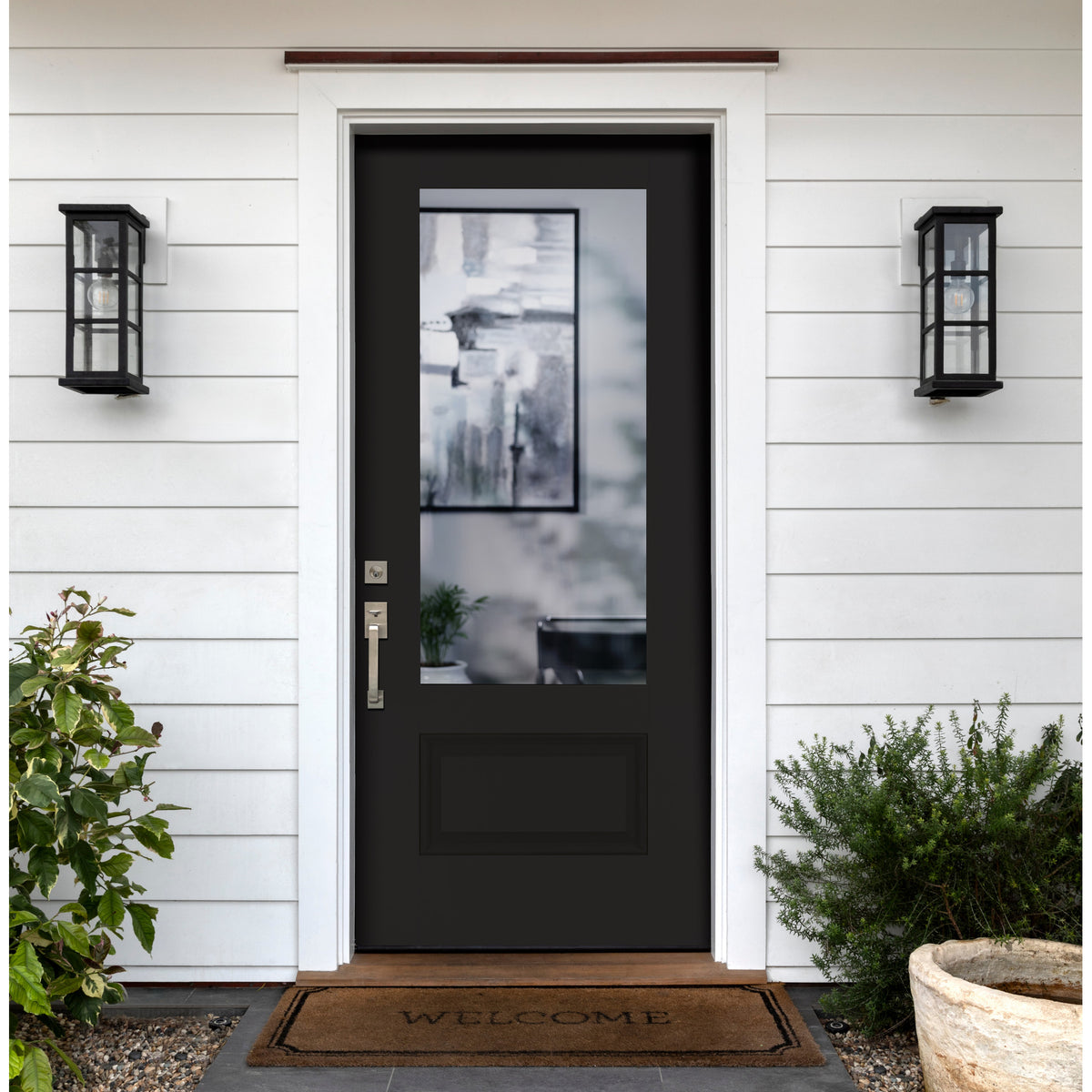 3/4 lite flush glazed fiberglass entry door with clear glass, shown installed