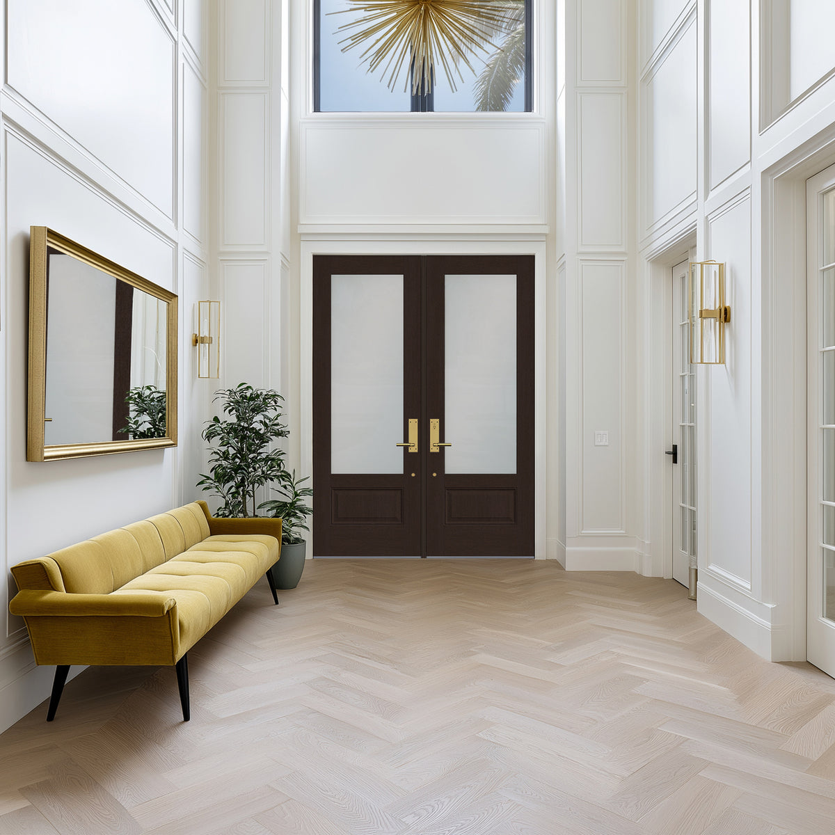 8 foot 3/4 lite flush glazed fiberglass entry door with frosted glass, shown installed