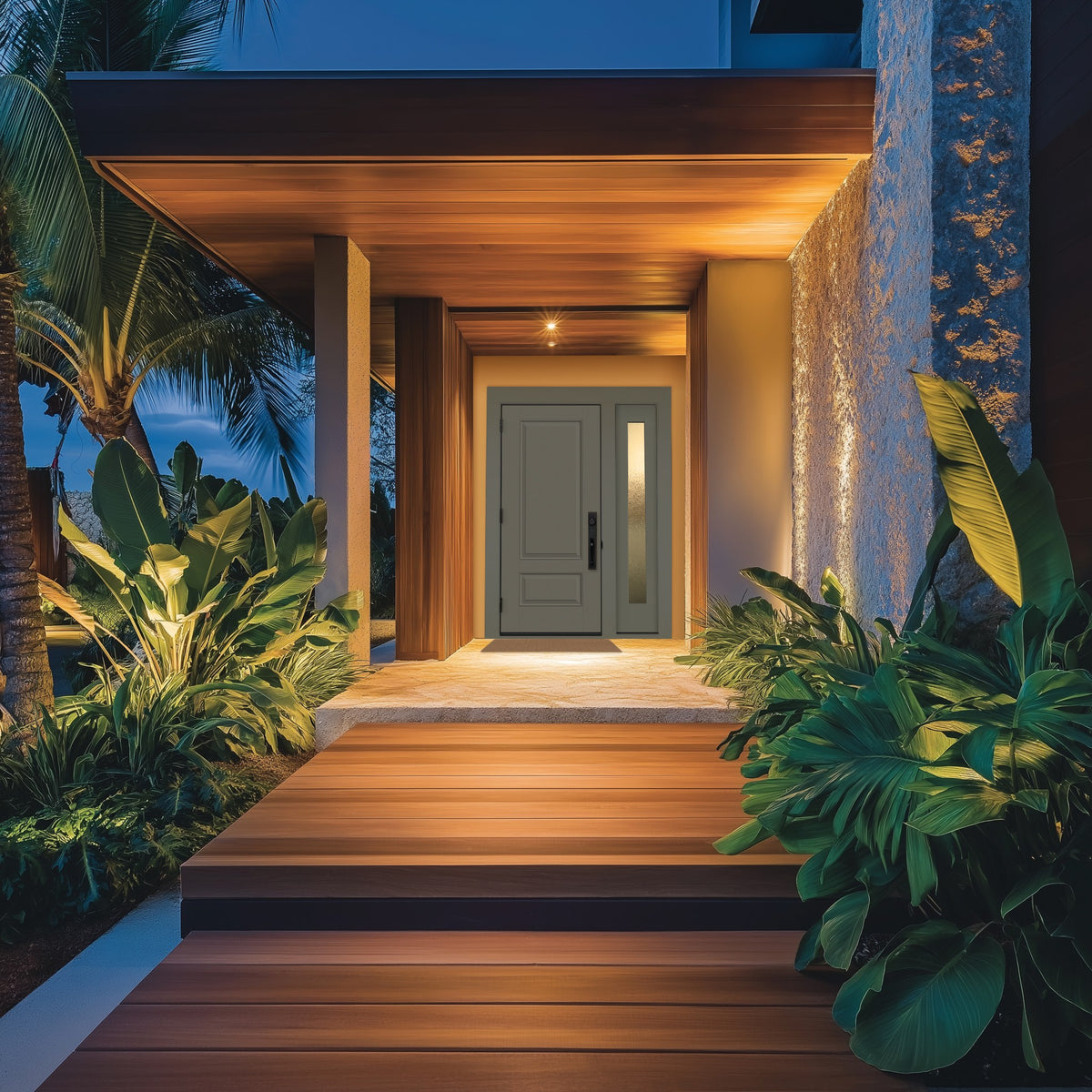 Hurricane-rated 3/4 lite flush glazed fiberglass entry door with Micro-Granite glass, shown installed