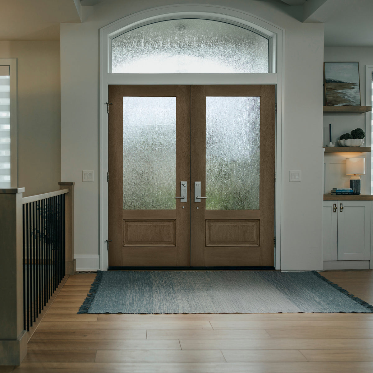 3/4 lite flush glazed fiberglass entry door with Rain glass, shown installed