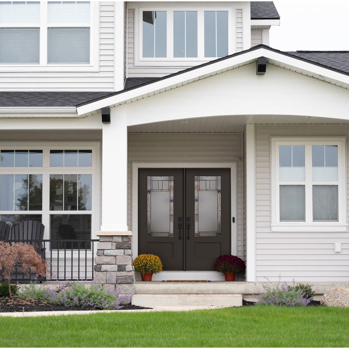 3/4 lite Shaker flush glazed fiberglass entry door with Berkley glass, shown installed