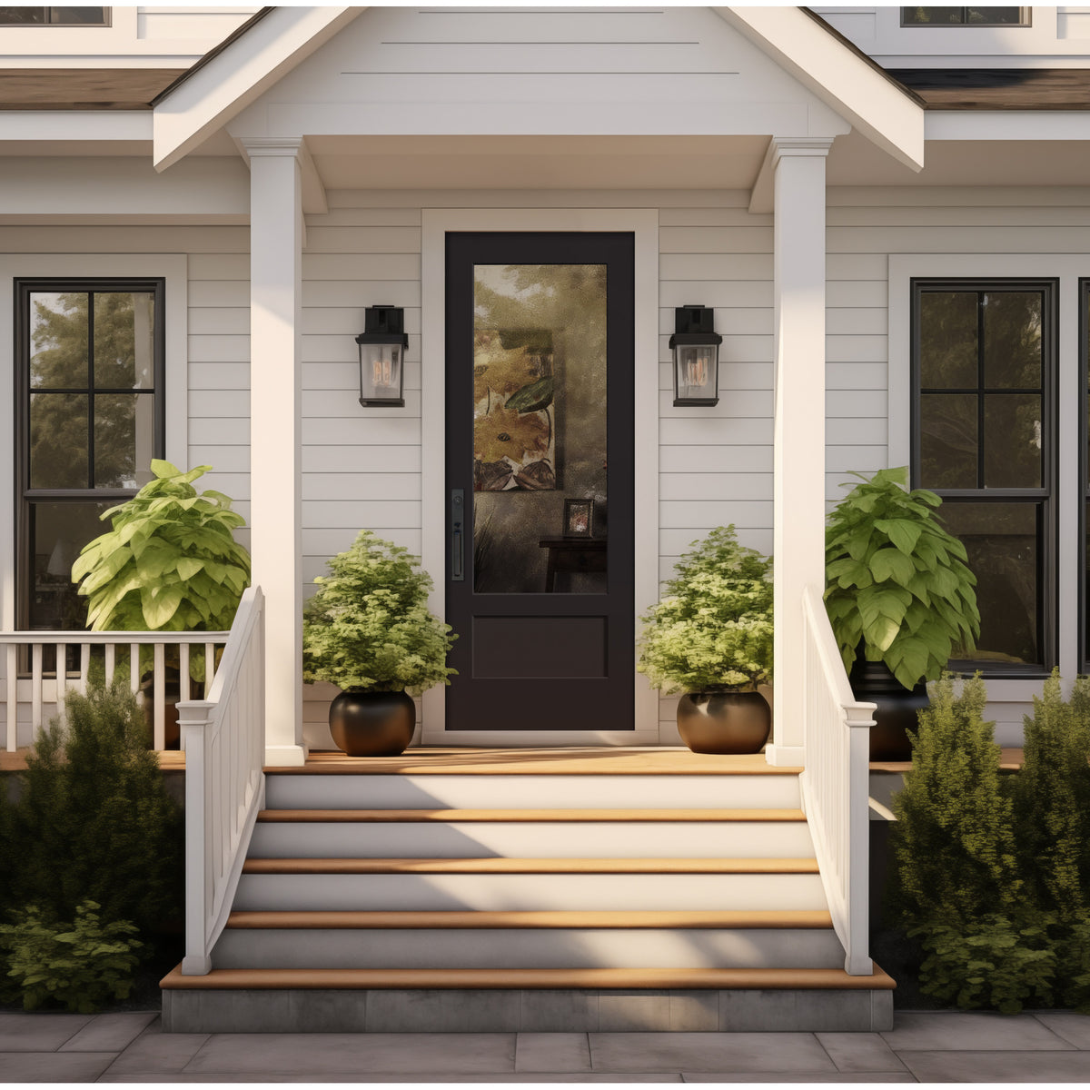 8 foot 3/4 lite Shaker flush glazed fiberglass entry door with clear glass, shown installed