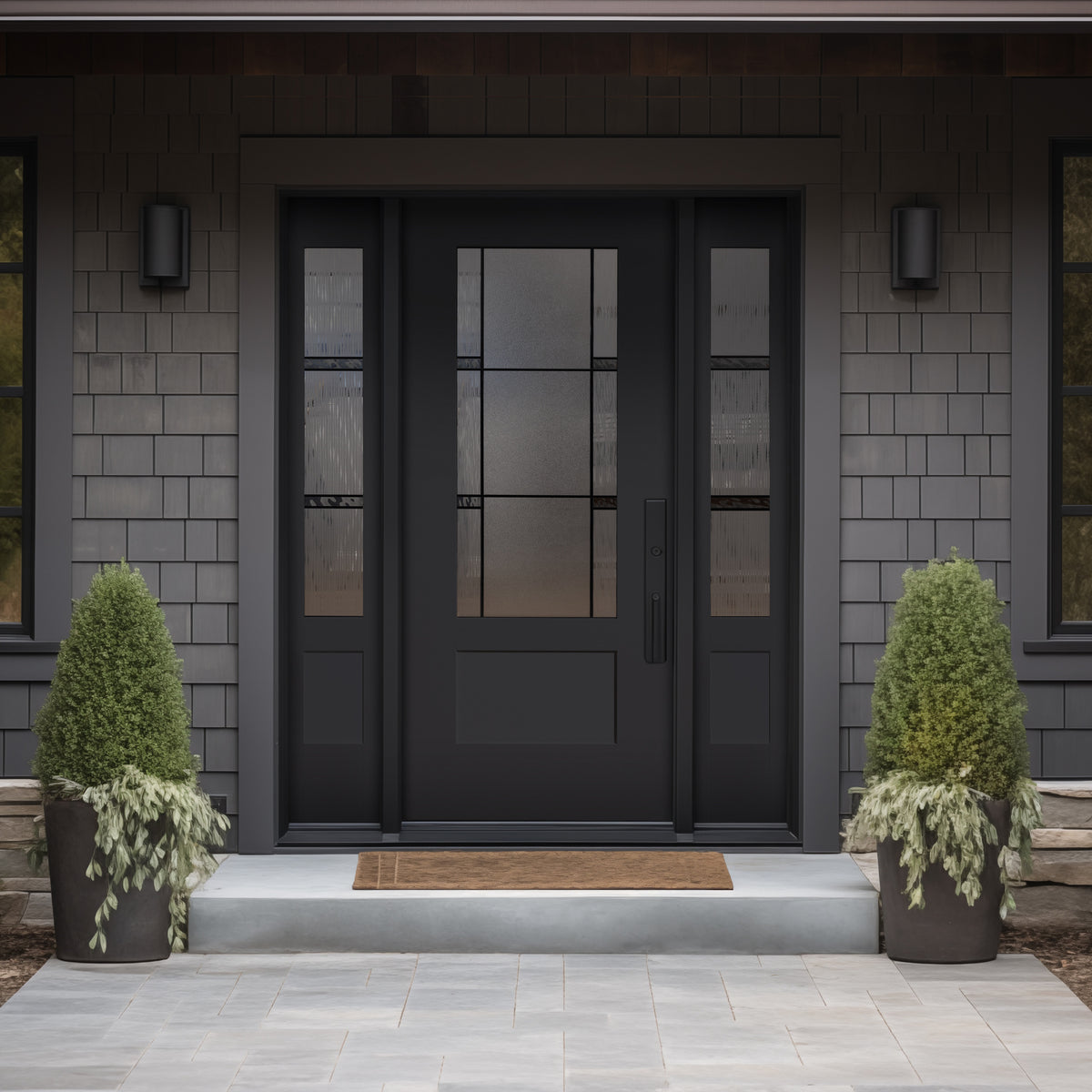 3/4 lite Shaker flush glazed fiberglass entry door with Dexter glass, shown installed