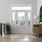 3/4 lite Shaker flush glazed fiberglass entry door with grilles between the glass, shown installed