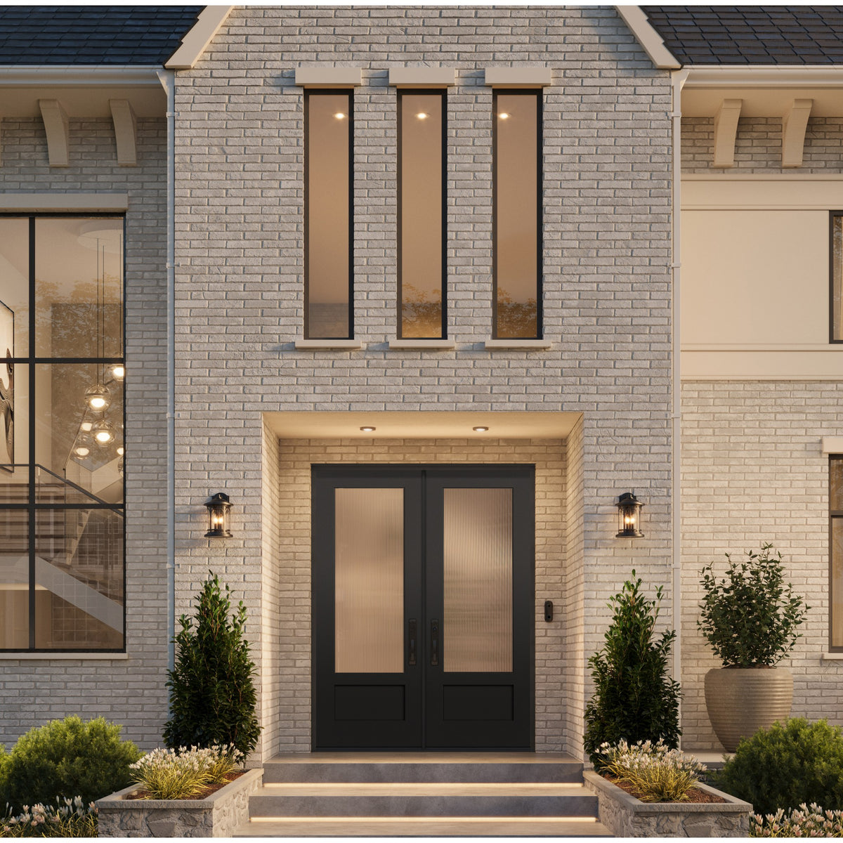 8 foot 3/4 lite Shaker flush glazed fiberglass entry door with Wide Reed glass, shown installed