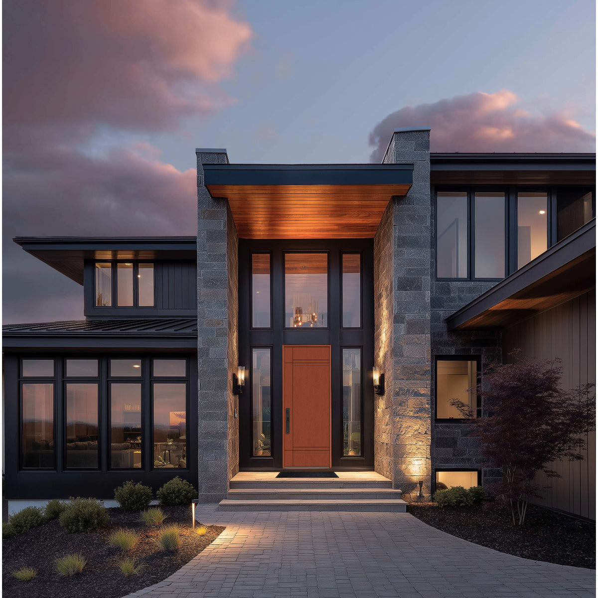8 foot Contemporary 16 fiberglass entry door, shown installed
