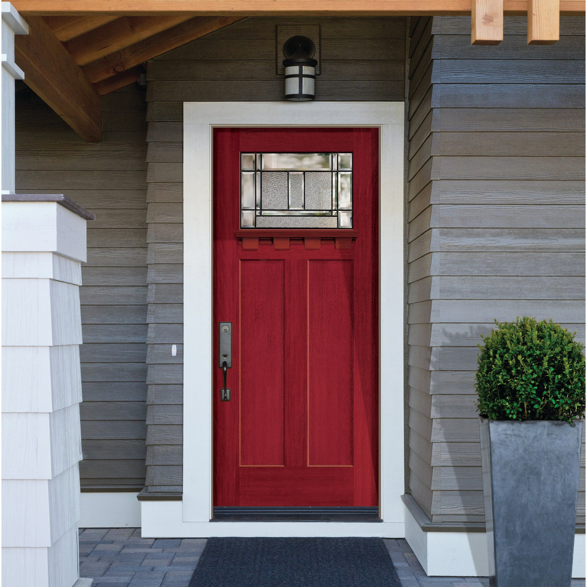 Craftsman 2 Panel flush glazed fiberglass entry door with Berkley glass, shown installed