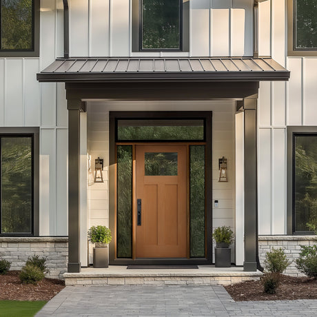 Craftsman 2 Panel flush glazed fiberglass entry door with clear glass, shown installed
