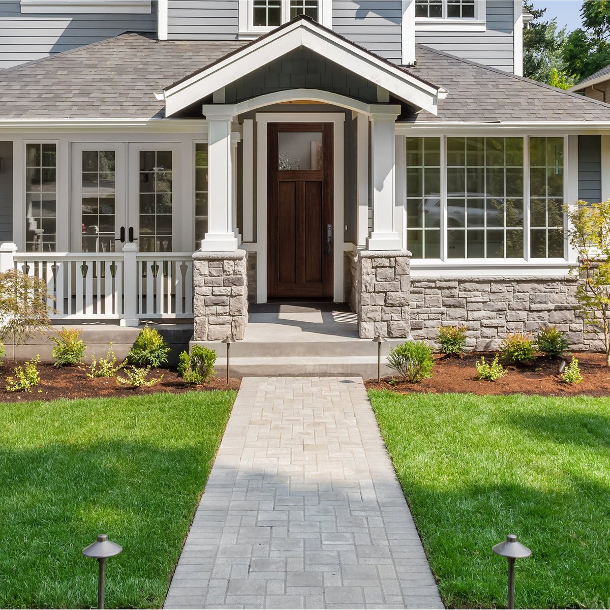 8 foot Craftsman 2 Panel flush glazed fiberglass entry door with clear glass, shown installed