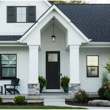 8 foot Craftsman 2 Panel flush glazed fiberglass entry door with Rain glass, shown installed