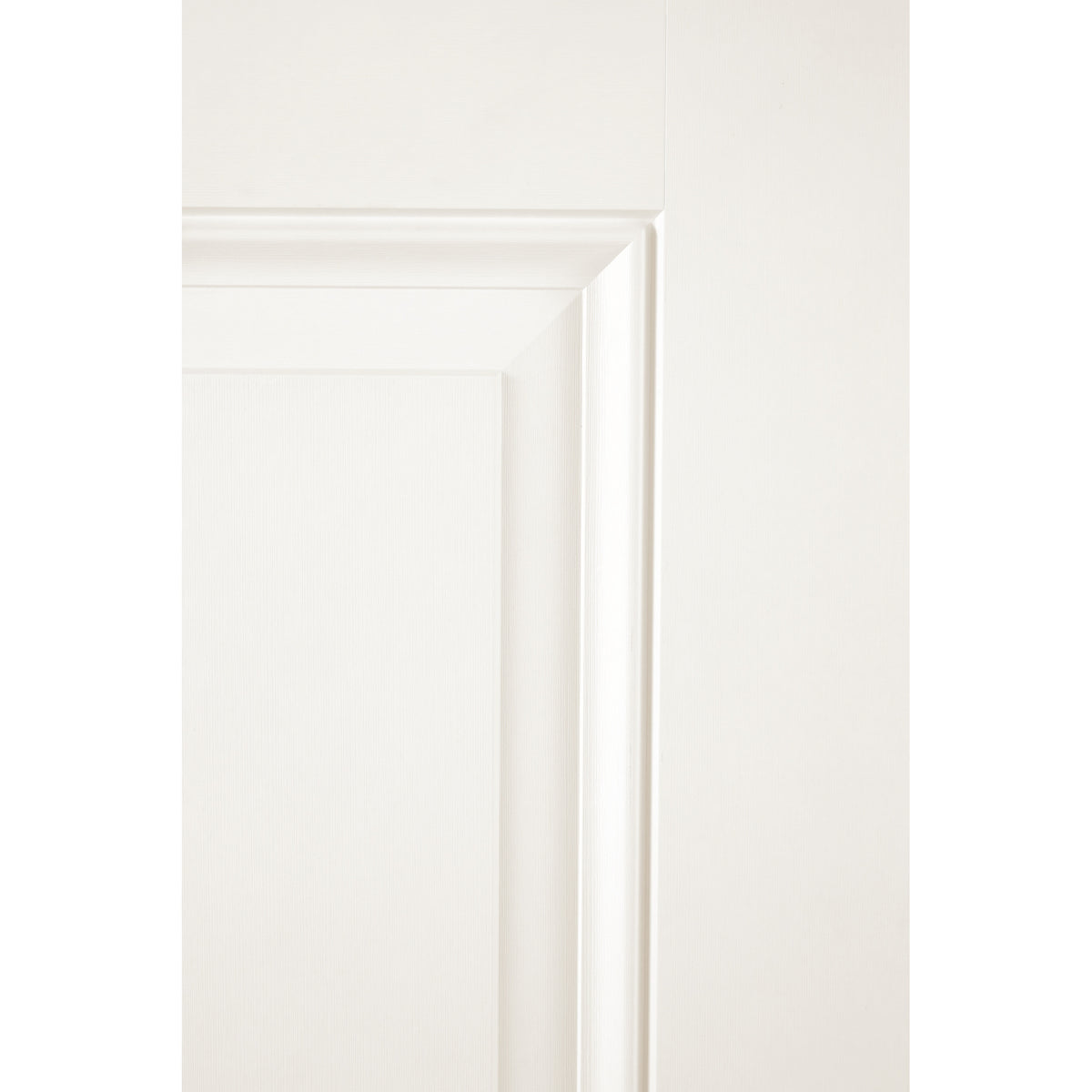 Close-up of the raised panel embossment on a white Satin Smooth fiberglass door
