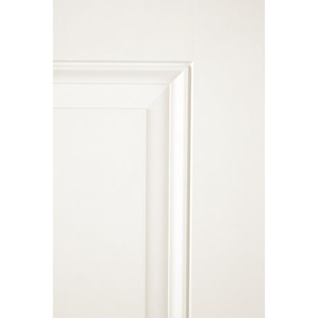 Close-up of the raised panel embossment on a white Satin Smooth fiberglass door