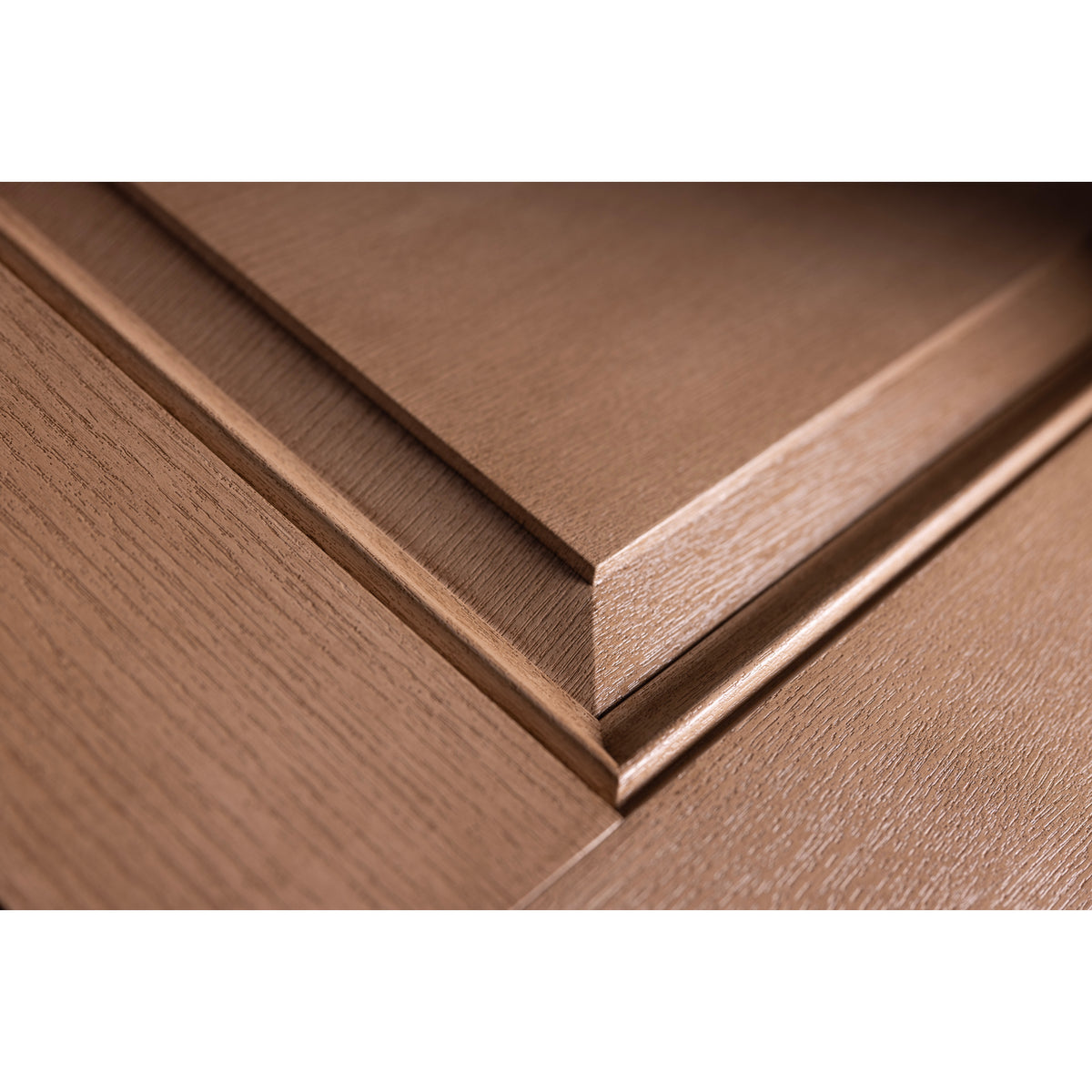 Close-up of the raised panel embossment on a stained Rift Cut woodgrain fiberglass door