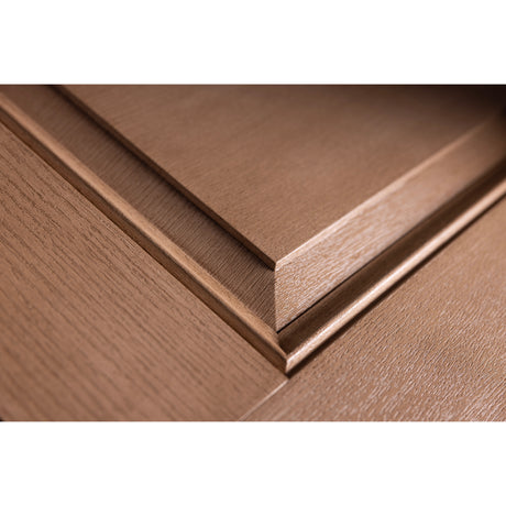 Close-up of the raised panel embossment on a stained Rift Cut woodgrain fiberglass door
