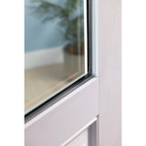 Close-up of the flush glazed glass edge on a white Satin Smooth fiberglass door