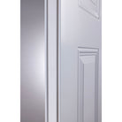 Close-up of the steel edge on a white steel entry door